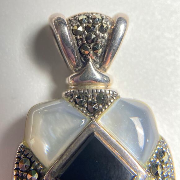 NF 925 Sterling Silver Onyx Mother of Pearl Marcasite Pendant - Picture 2 of 12